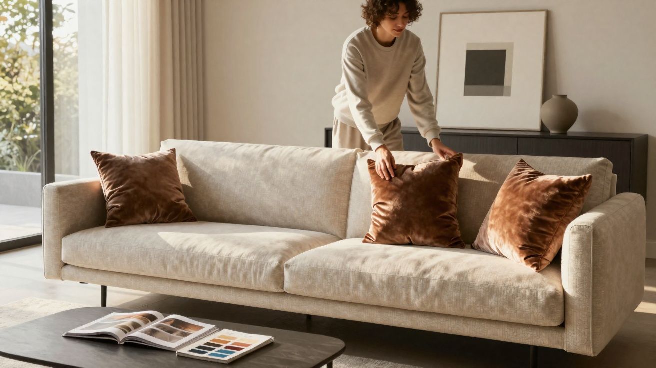 Pessoa a arrumar almofadas castanhas num sofá cinzento numa sala luminosa e moderna.