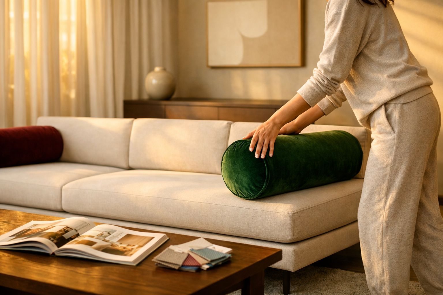 Pessoa arruma almofada verde num sofá bege numa sala com mesa, revista e decoração sóbria.