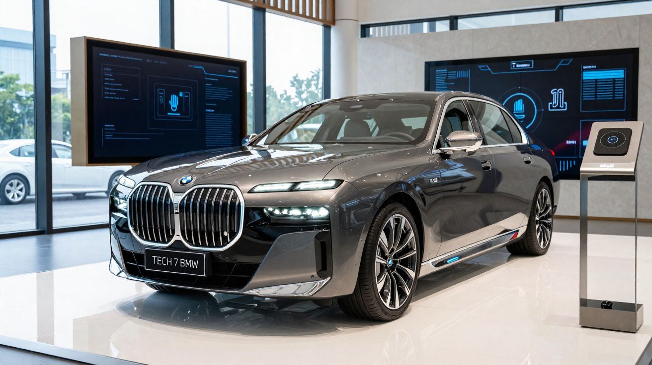 Carro BMW TECH 7 cinzento exposto num salão moderno com ecrãs digitais ao fundo.