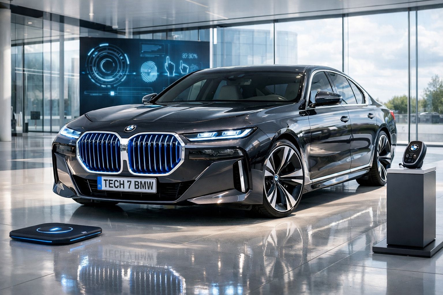 Carro elétrico BMW preto estacionado em showroom moderno, com tecnologia de carregamento e painel digital ao fundo.