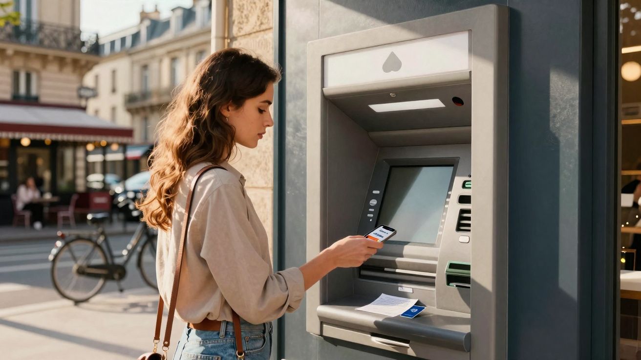 Mulher a usar telemóvel junto a um multibanco numa rua urbana com bicicleta ao fundo.