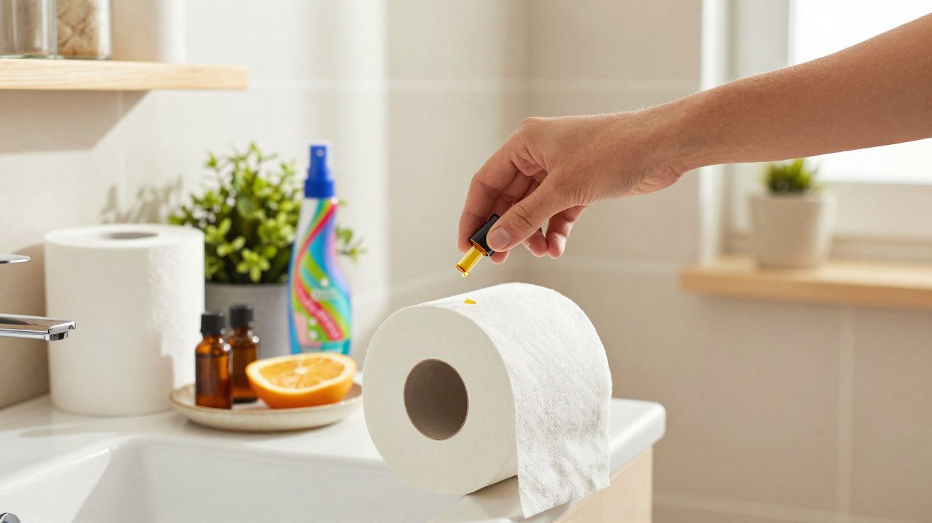 Mão a aplicar óleo essencial num rolo de papel higiénico em casa de banho com décor e acessórios.