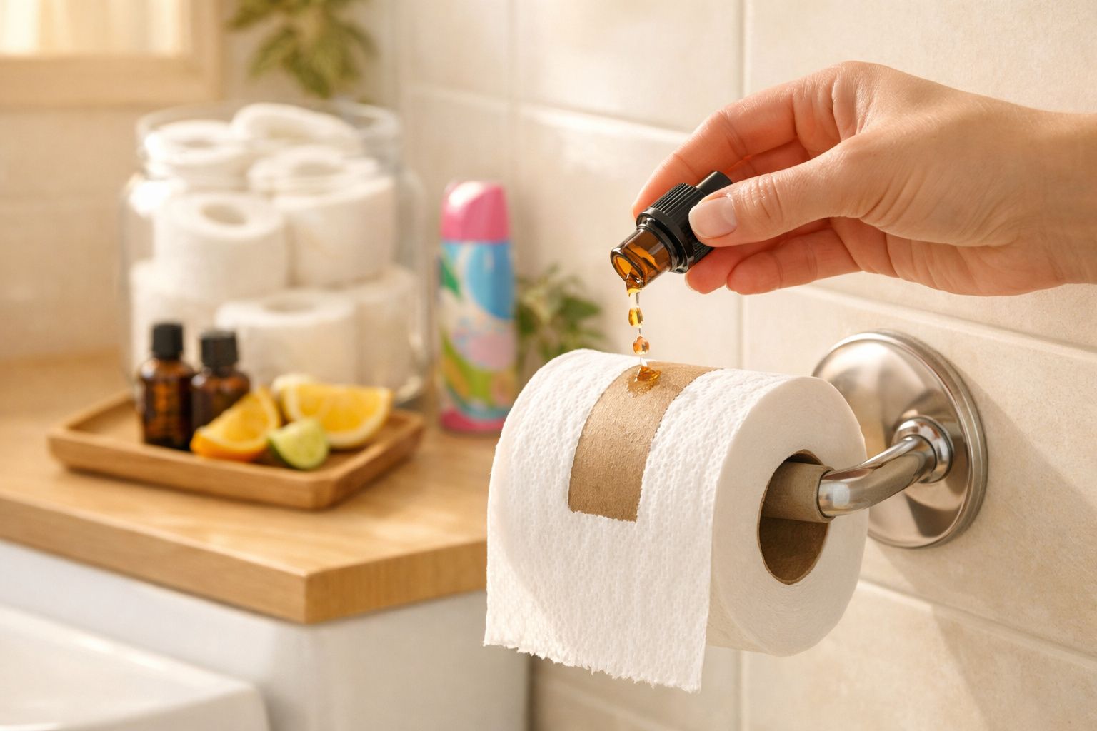 Mão a pingar óleo essencial num rolo de papel higiénico num suporte de parede numa casa de banho.