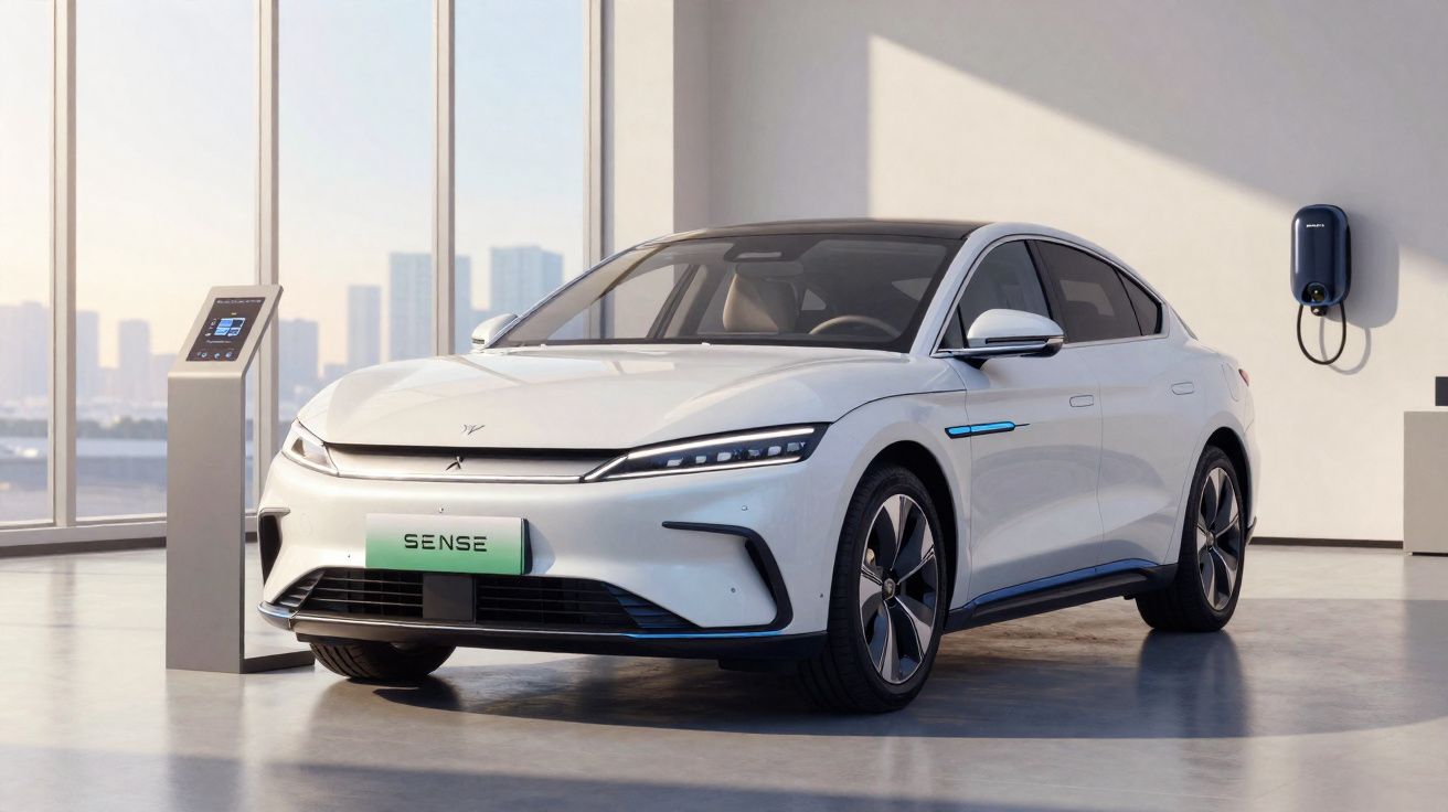 Carro elétrico branco estacionado numa garagem moderna com estação de carregamento e painéis solares.