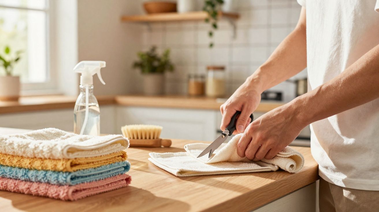 Pessoa a cortar um pano de cozinha com tesoura numa bancada de madeira numa cozinha moderna.