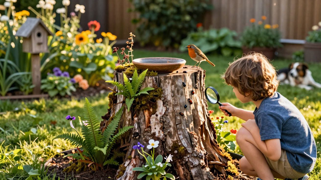 Criança observa pássaro com lupa perto de tronco florido num jardim ao pôr do sol.