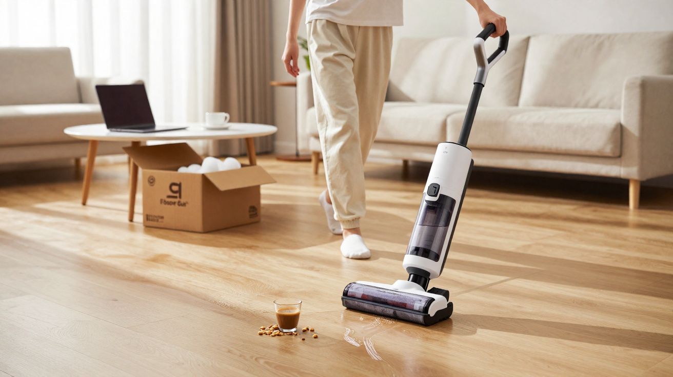 Pessoa a aspirar líquido e migalhas de café num chão de madeira numa sala de estar.