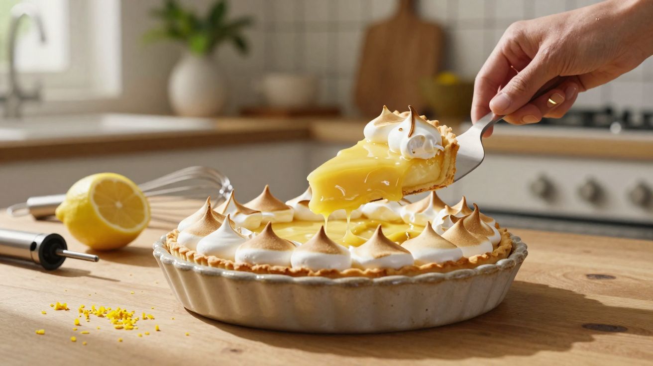 Tarte de limão com cobertura de merengue sendo servida numa cozinha.