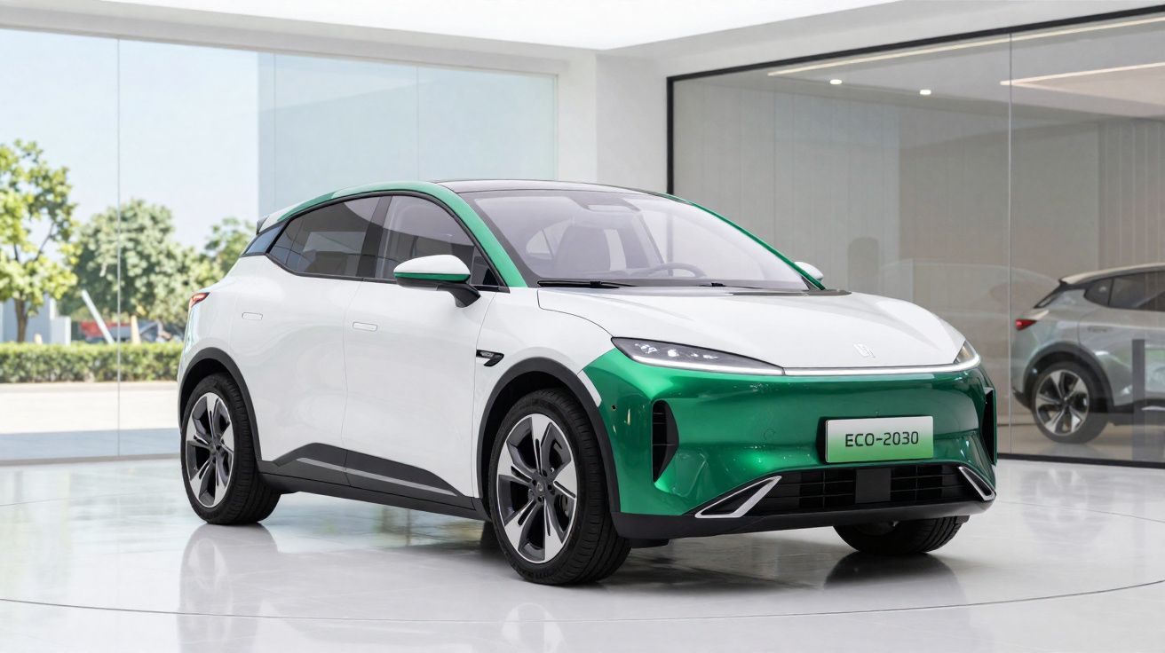 Carro elétrico branco e verde apresentado numa sala de exposição moderna com piso brilhante e grande janela de vidro.