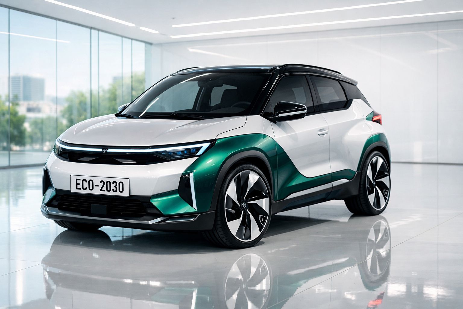 Carro elétrico compacto branco e verde em ambiente interior moderno, com design futurista e matrícula ECO-2030.
