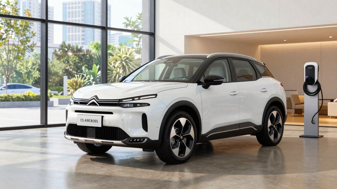 Veículo SUV Citroën C5 Aircross branco estacionado dentro de showroom moderno junto a posto de carregamento elétrico.