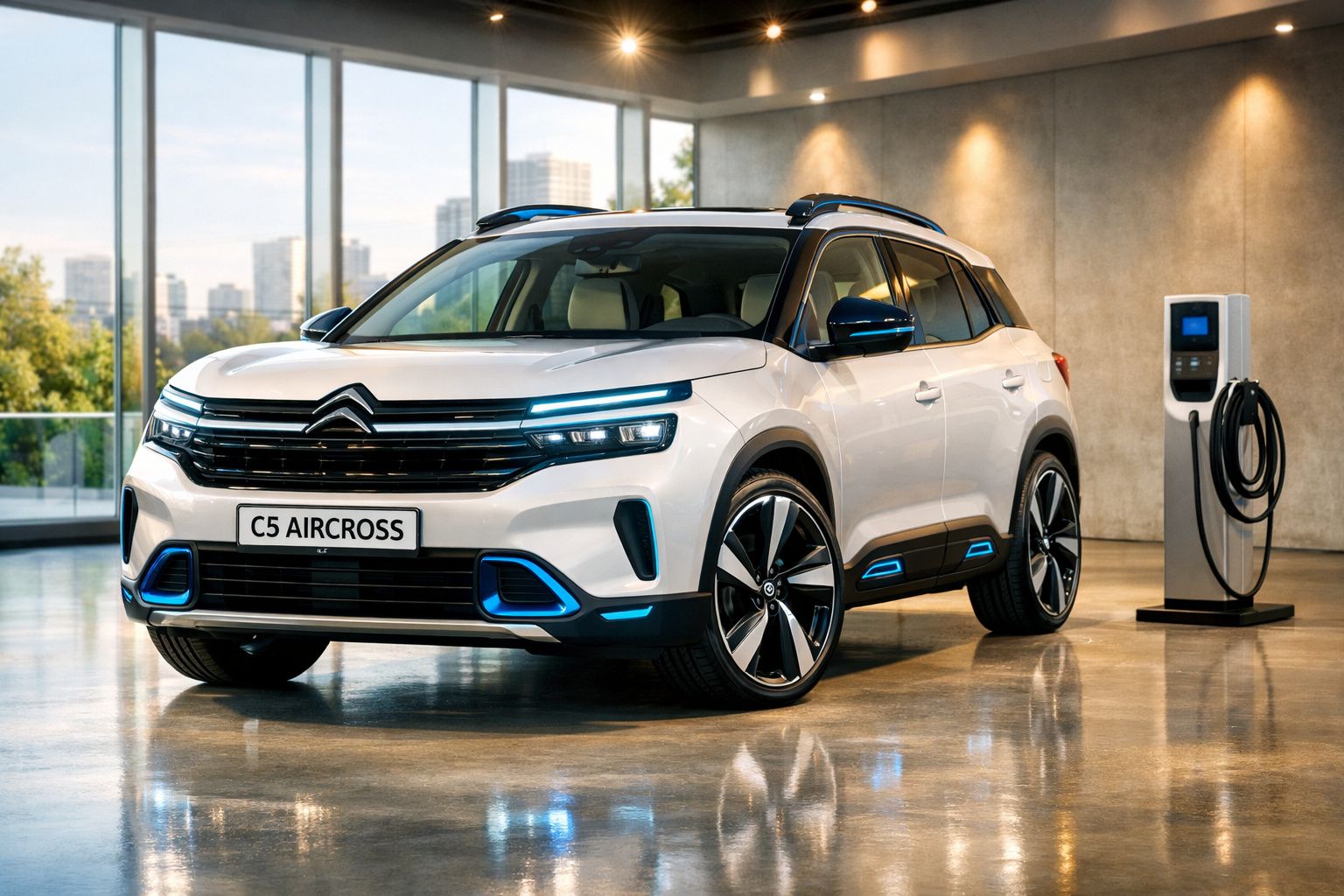 SUV elétrico Citroën C5 Aircross branco estacionado junto a uma estação de carregamento interior.