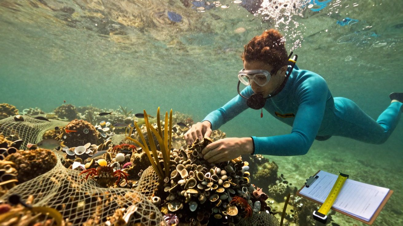 Mergulhador estuda recife marinho com conchas e corais, usando fato e máscara de mergulho.