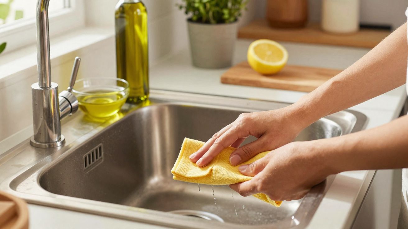Pessoas a limpar uma pia de cozinha em inox com um pano amarelo, próximo de garrafa de azeite e limão cortado.