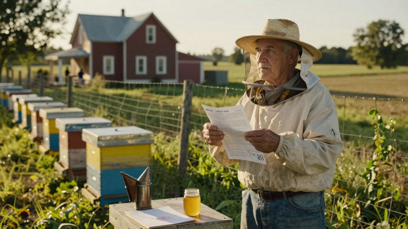 Apicultor idoso com roupa protetora segura documento junto a colmeias num campo com casa ao fundo.
