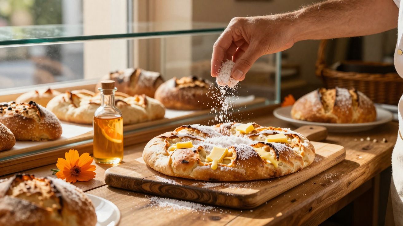 Mão a polvilhar açúcar em pão doce caseiro com manteiga numa tábua de madeira numa padaria.