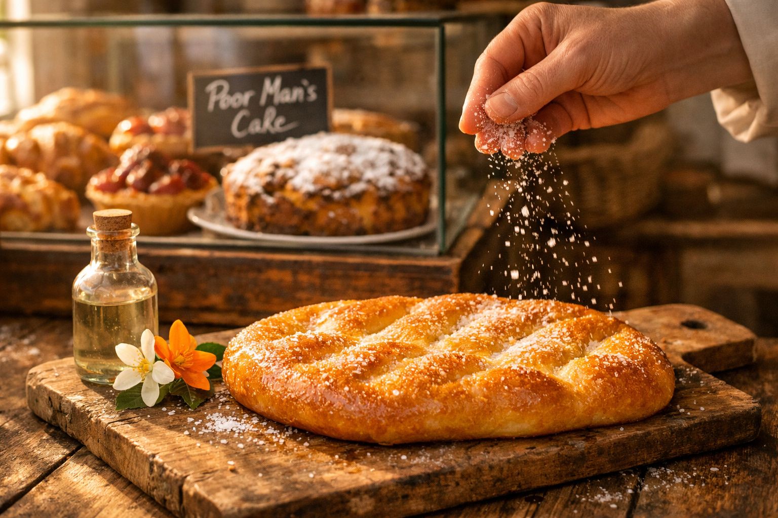Mão polvilha açúcar em pão de noz dourado sobre tábua de madeira com bolo ao fundo.