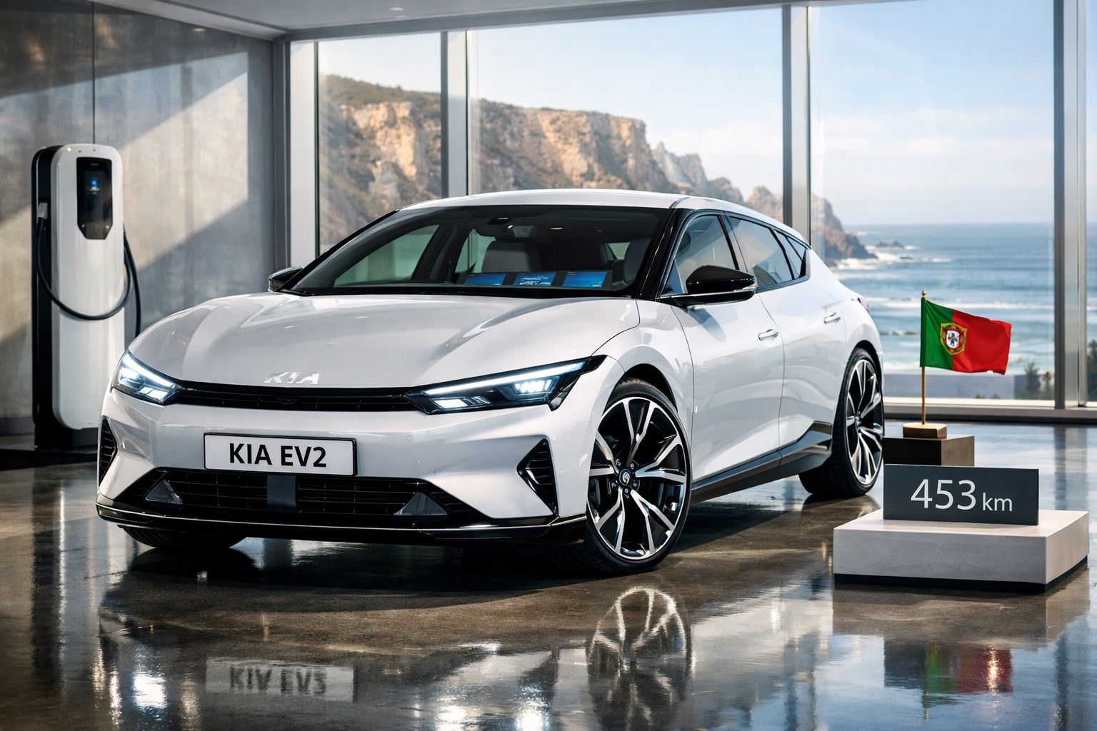 Carro elétrico branco Kia EV2 em exposição com carregador e paisagem marítima ao fundo.