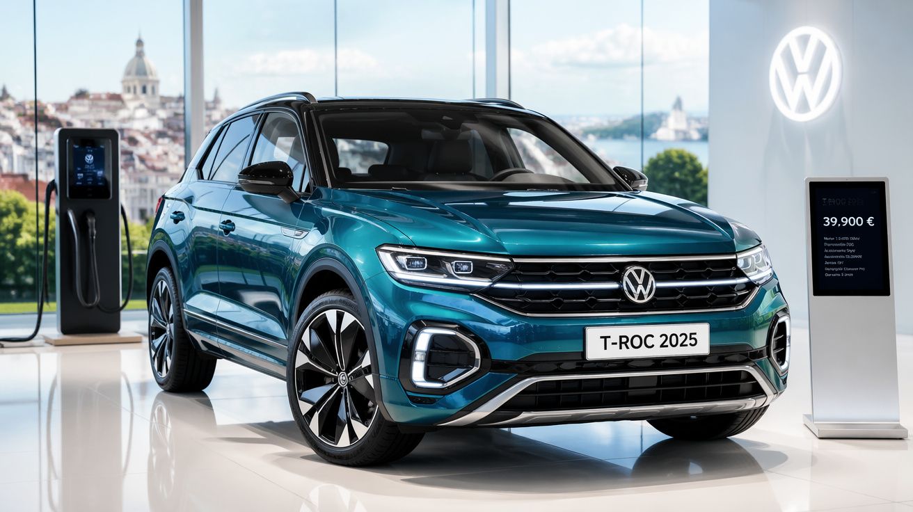 Carro Volkswagen T-ROC 2025 azul exposto numa sala com carregador elétrico e preço de 39.900 euros.