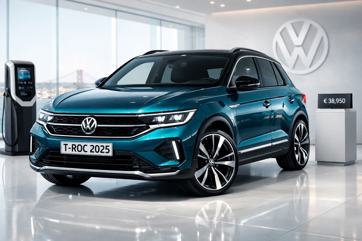 Volkswagen T-Roc 2025 azul exposto em concessionária com preço de 38.950 euros.
