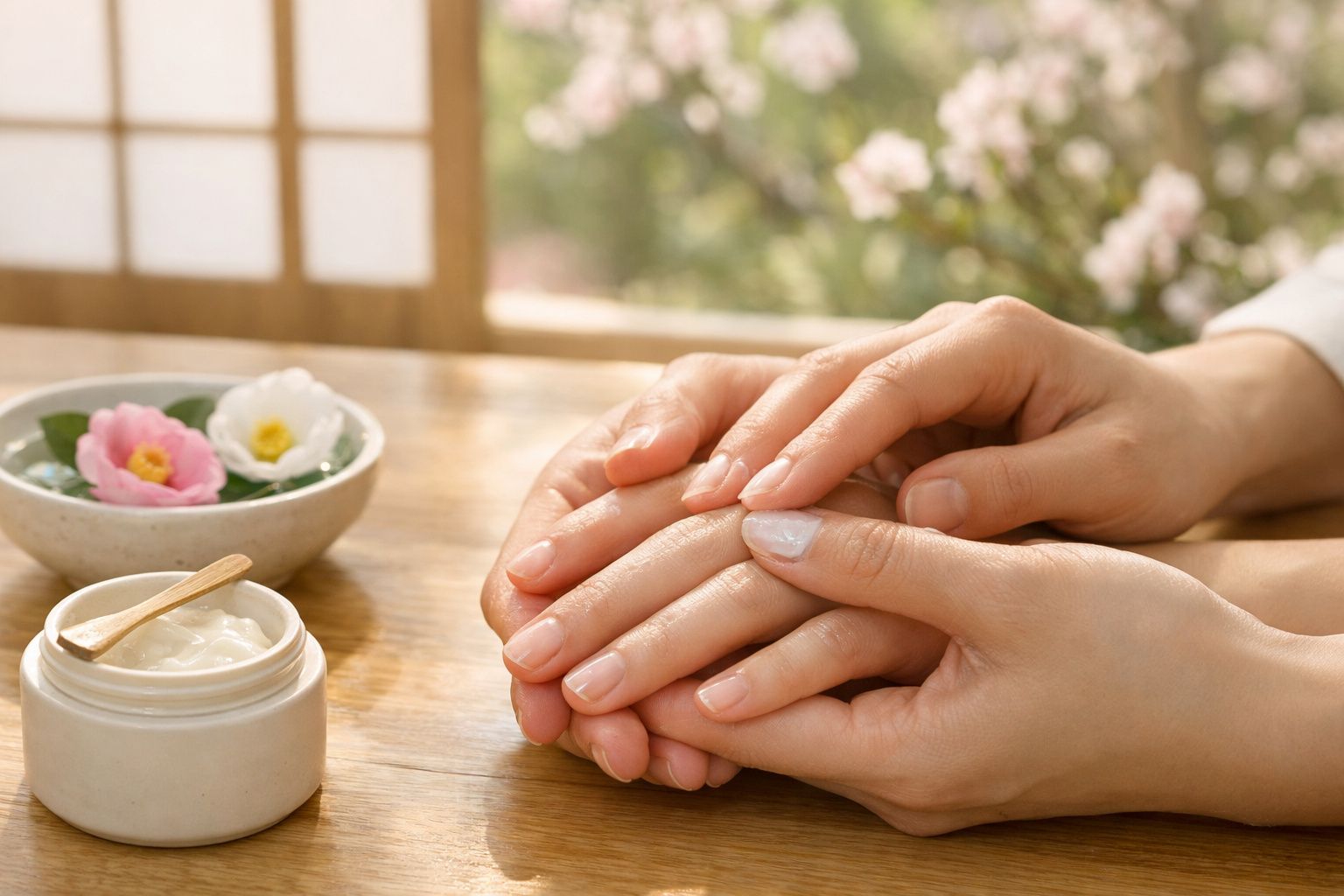 Mãos femininas a receber massagem relaxante com creme numa mesa junto a flores decorativas num ambiente iluminado.