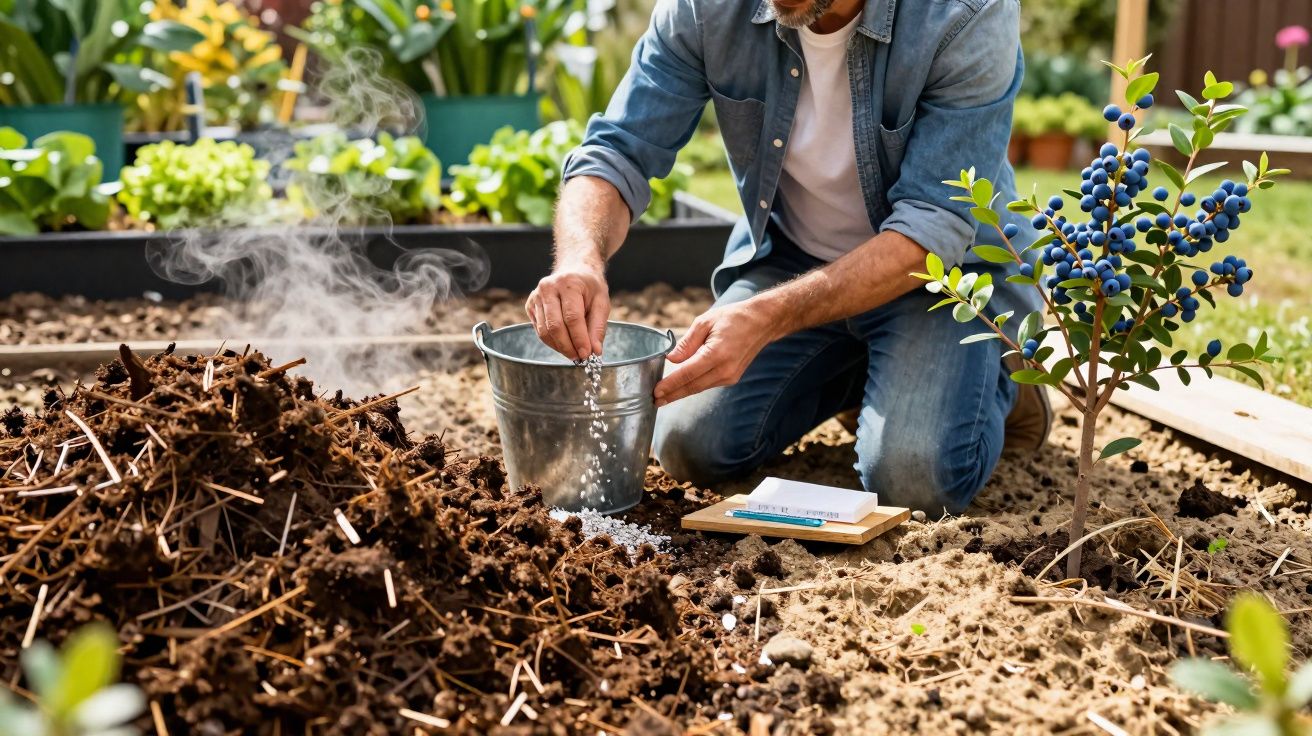 Homem a fertilizar o solo de um jardim com granulados brancos junto a uma planta com frutos azuis.