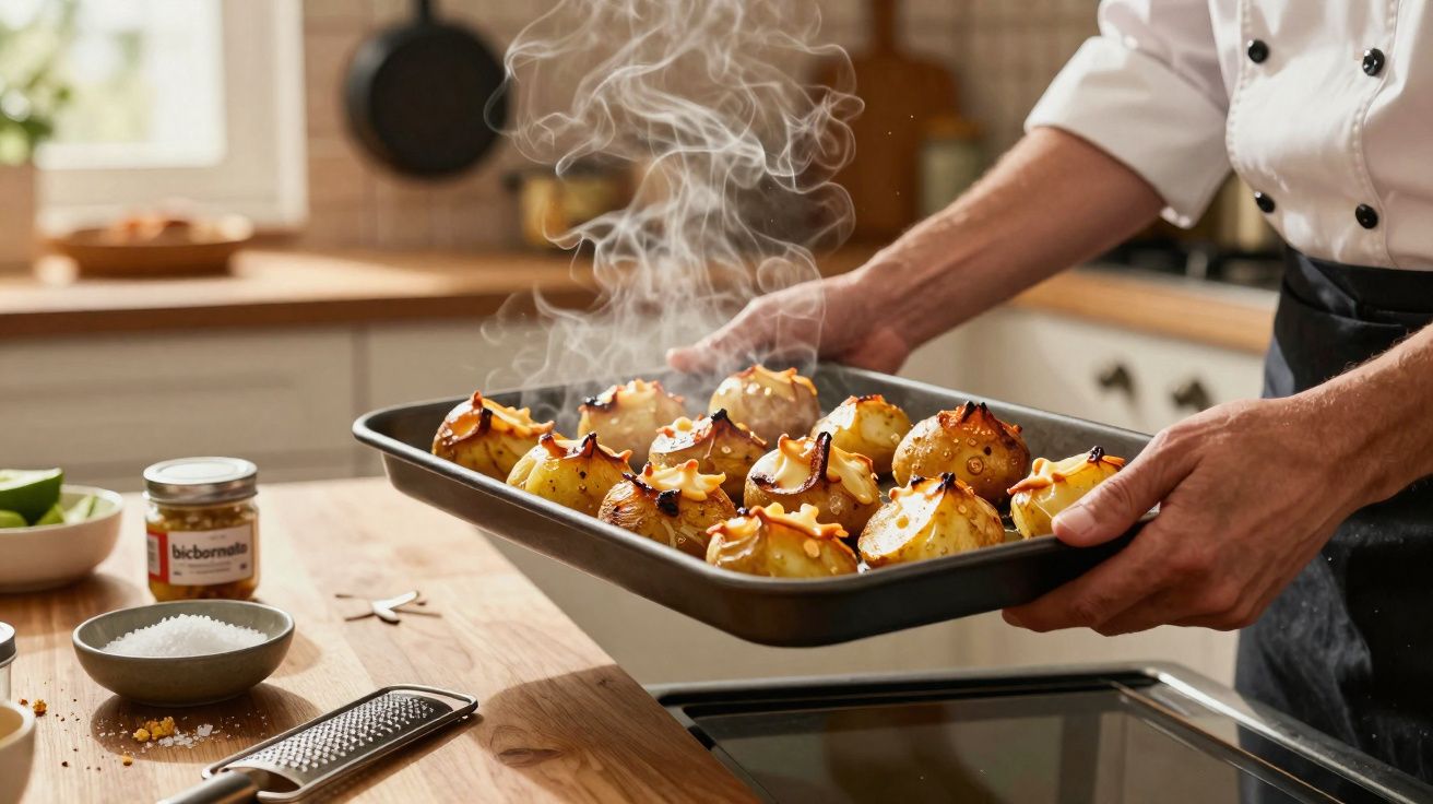 Pessoa a retirar tabuleiro com batatas assadas fumegantes do forno numa cozinha moderna.