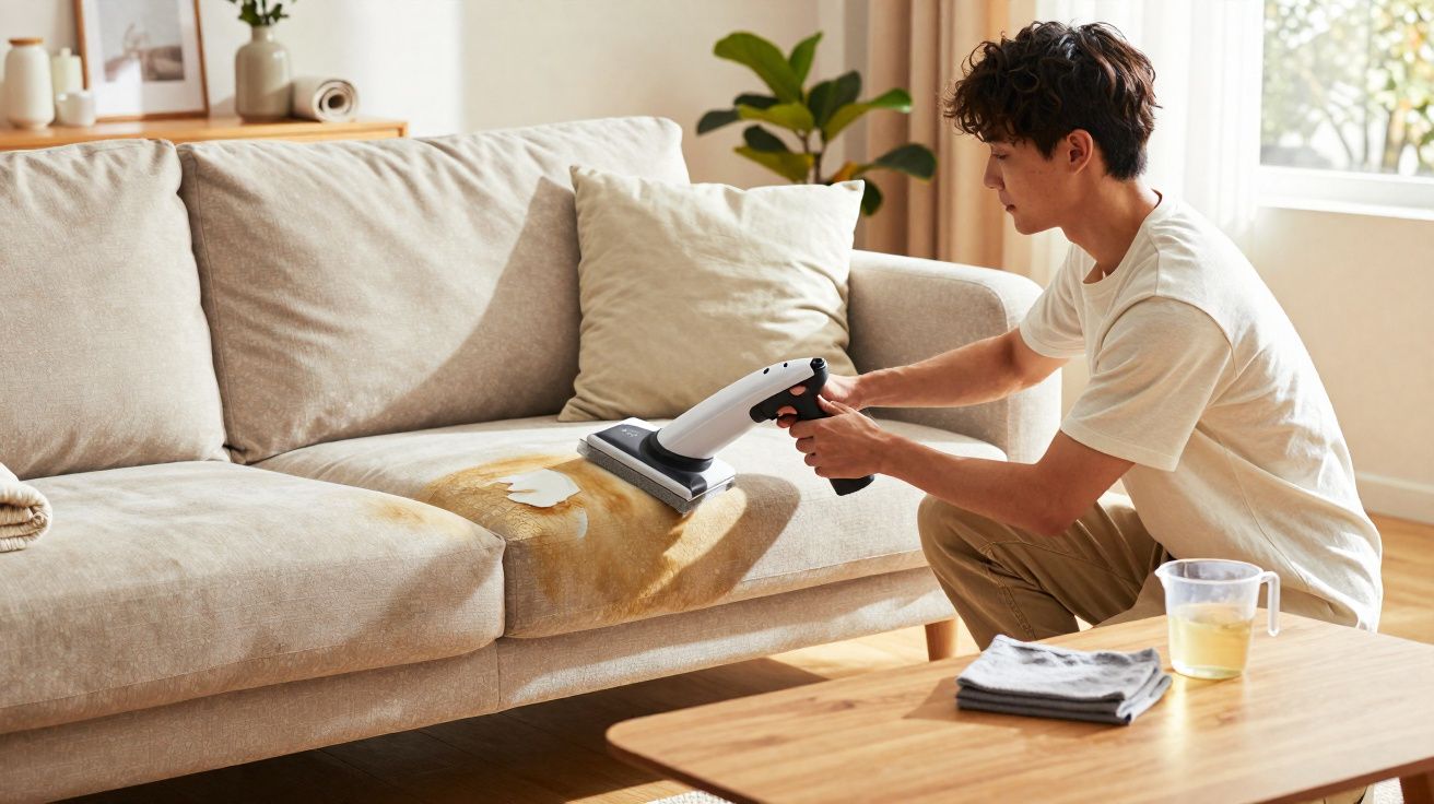 Homem remove manchas de café de sofá bege com máquina portátil de limpeza na sala de estar.