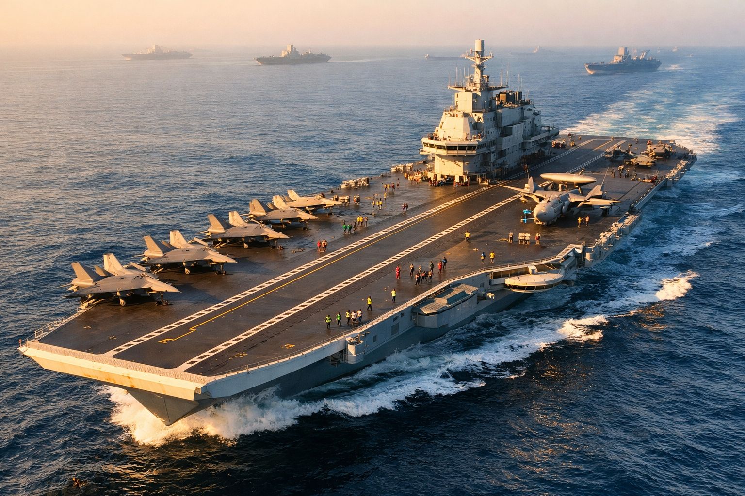 Porta-aviões com vários aviões de combate e tripulantes a bordo navegando no oceano ao pôr do sol.