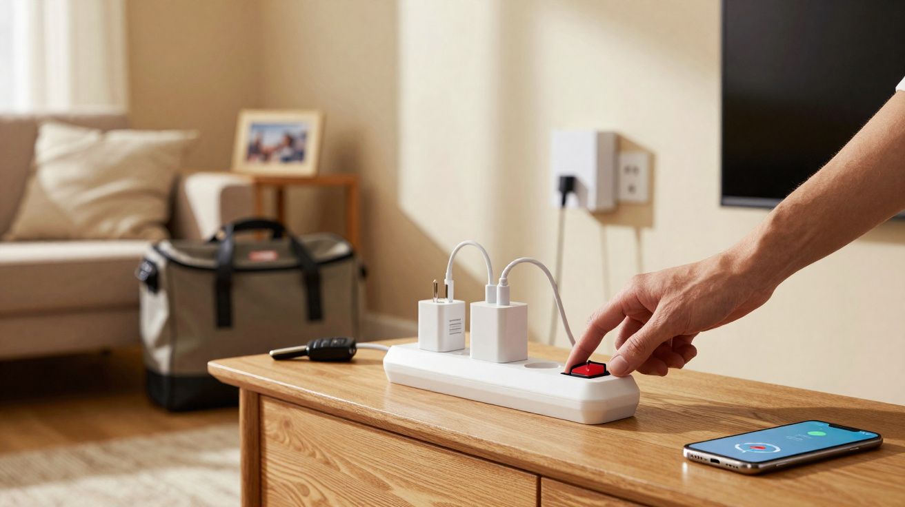 Pessoa liga régua de tomadas numa mesa de madeira numa sala com smartphone e mala.