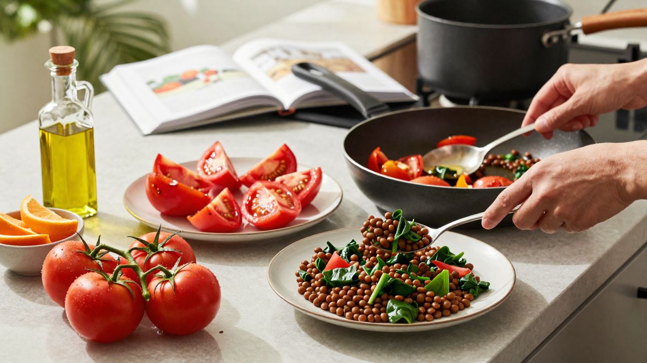 Pessoa a servir prato com lentilhas, espinafres e tomate, com ingredientes frescos e livro de receitas na bancada.