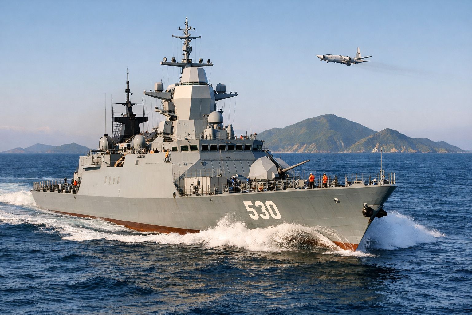 Navio de guerra número 530 navegando no mar com ilha ao fundo e avião a sobrevoar.