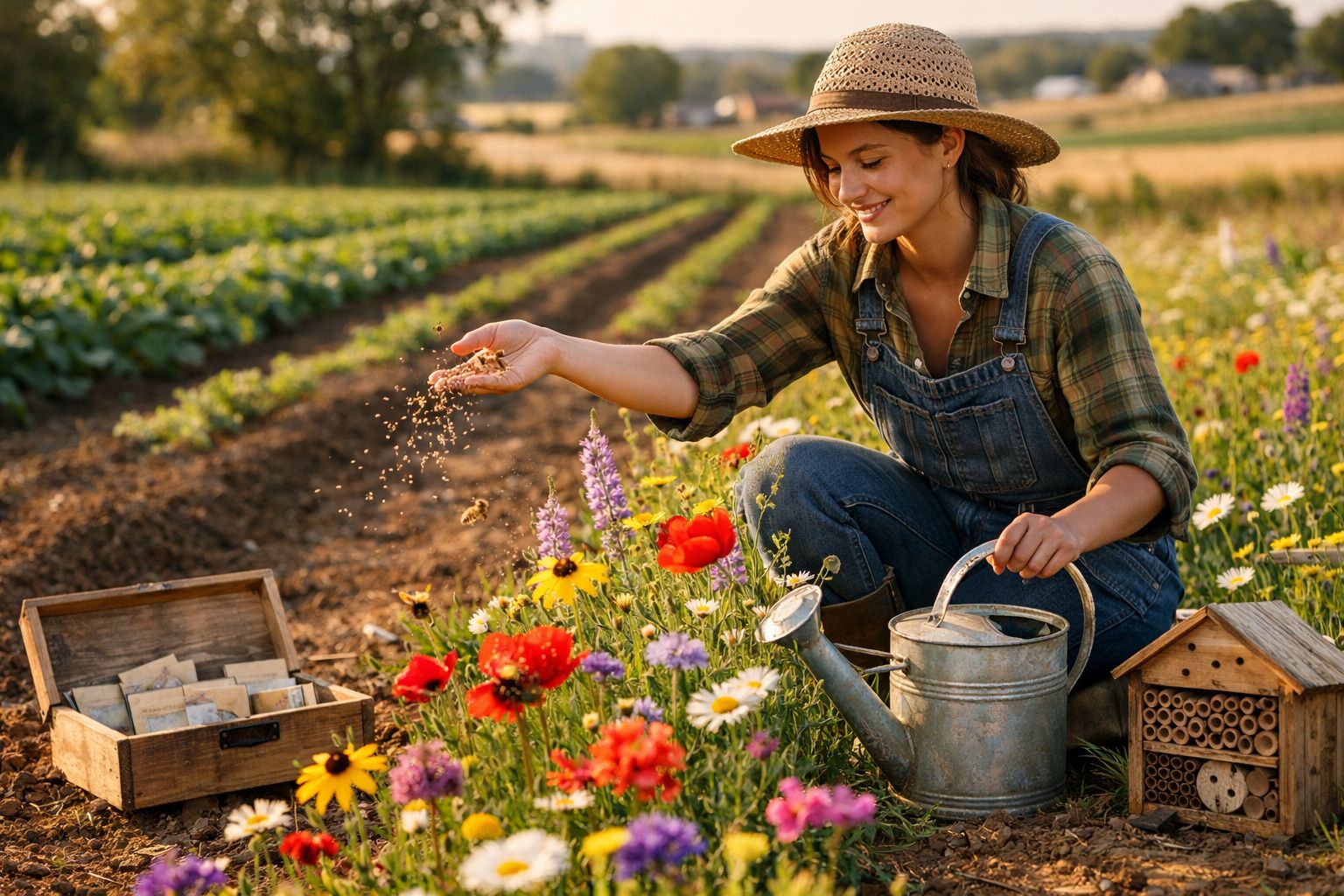 Mulher com chapéu de palha semeando flores numa horta colorida, com regador e caixa de sementes ao lado.