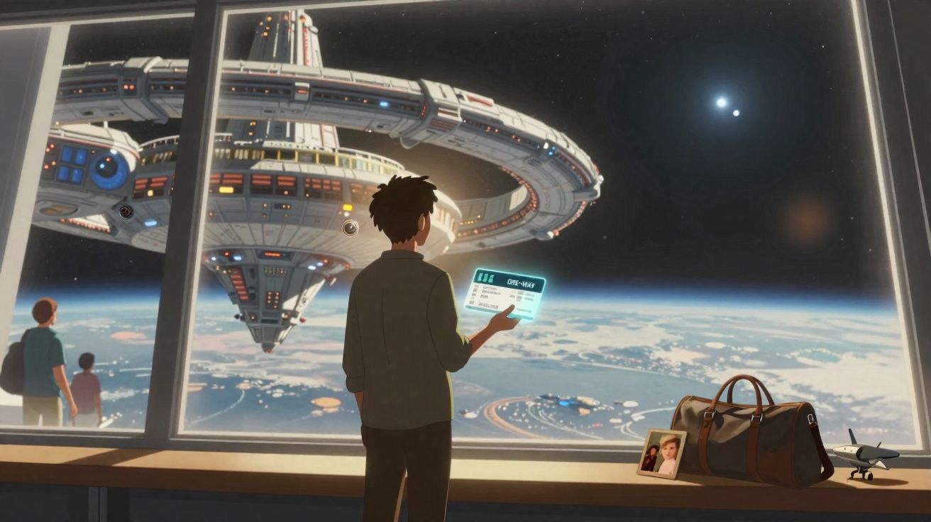 Pessoa observa uma nave espacial futurista em órbita, segurando documento, com mala e foto numa mesa junto à janela.