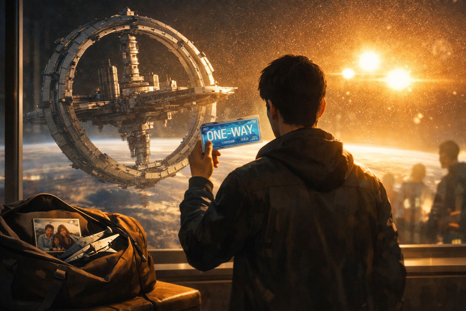 Homem segura bilhete de só ida para estação espacial, com mochila e foto de família na mesa.