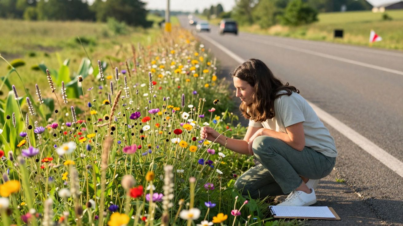 Mulher sentada junto a uma estrada a observar flores silvestres coloridas num campo verde.