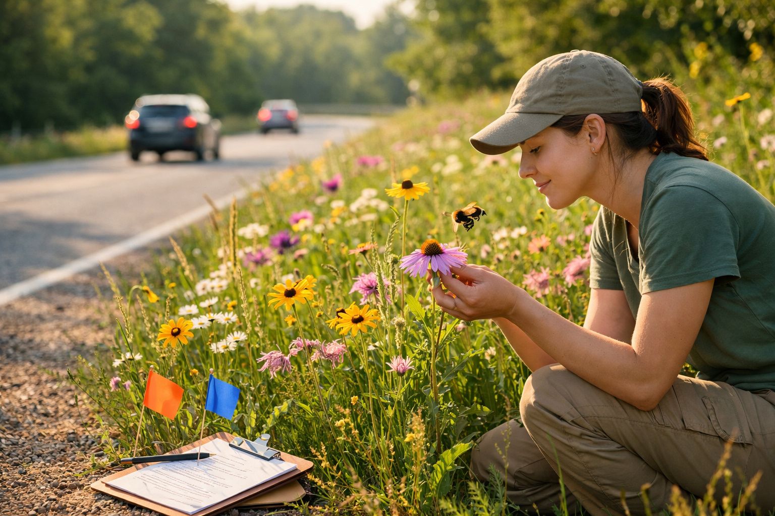 Mulher observa uma abelha pousada numa flor num campo à beira da estrada com carros ao fundo.
