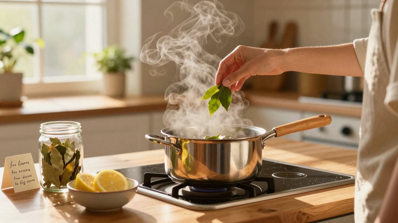 Mão a colocar folhas de louro numa panela de inox a ferver num fogão de gás numa cozinha luminosa.