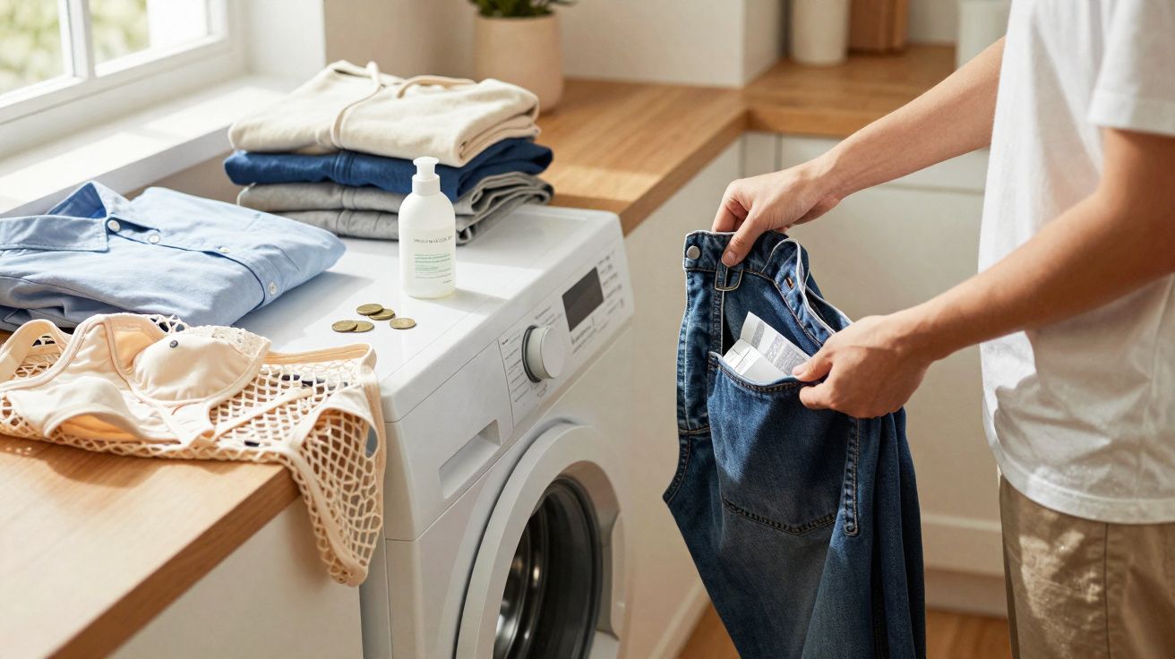 Pessoa a colocar etiquetas dentro de calças de ganga junto a máquina de lavar roupa com roupas dobradas em cima.