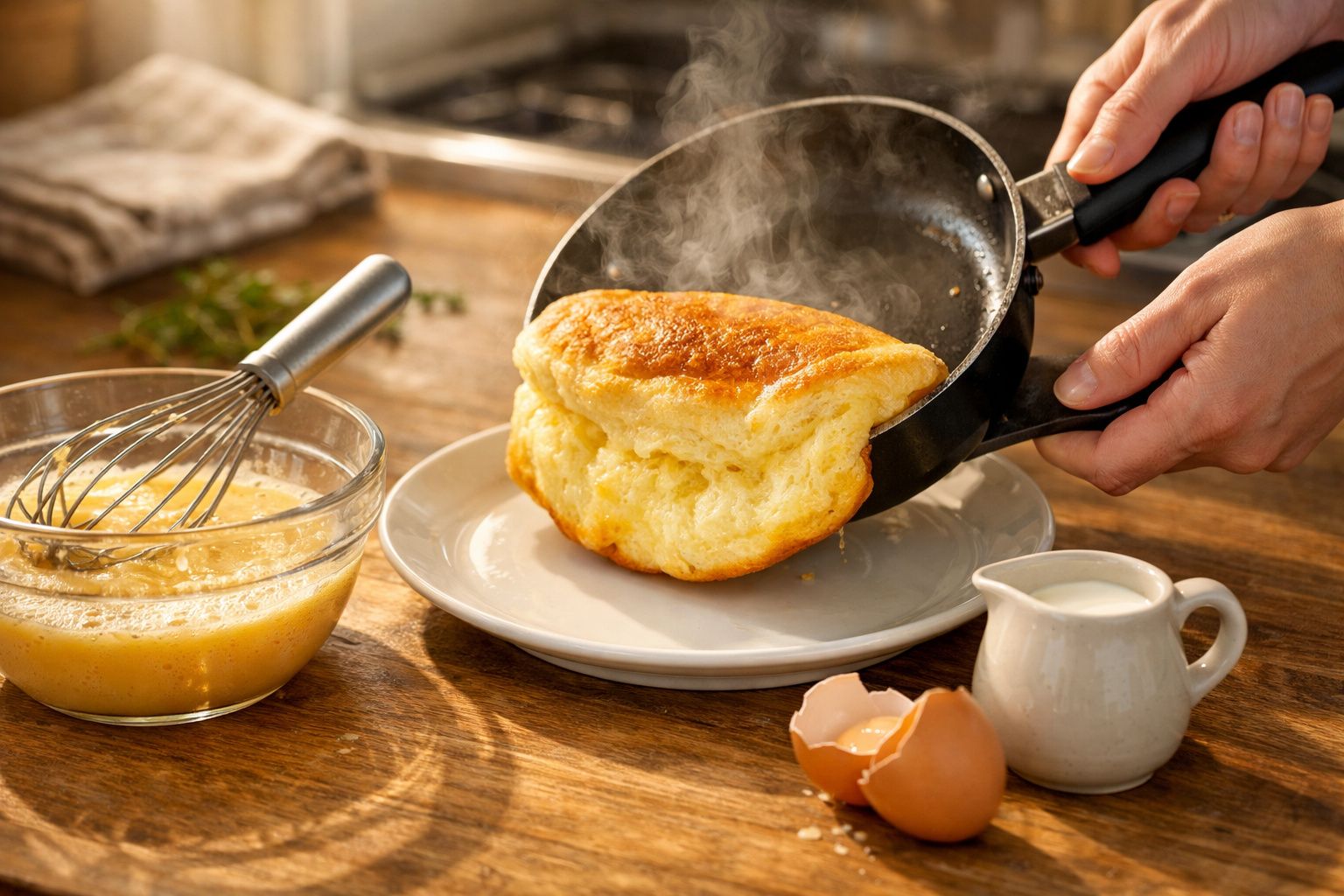 Pão fofo a ser retirado de uma frigideira para um prato, ao lado de ovos batidos e um jarro de leite.