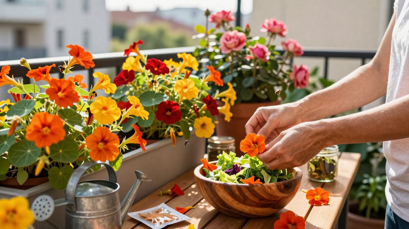 Pessoa a preparar salada com flores comestíveis em varanda com vasos floridos ao sol.