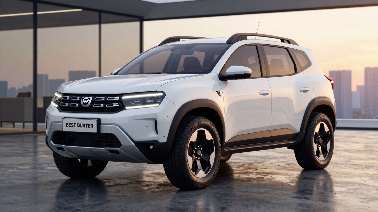 SUV branco Dacia Duster estacionado em piso de vidro com fundo de edifícios ao pôr do sol.