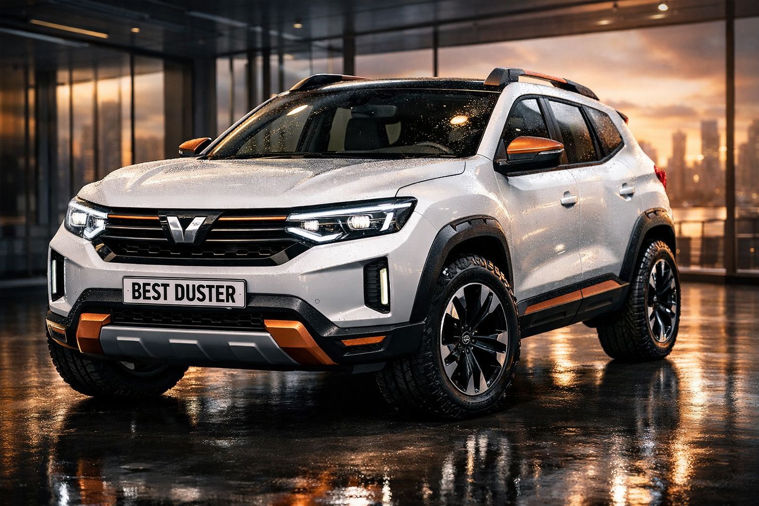 SUV branco com detalhes laranja estacionado em piso molhado com edifício e cidade ao fundo ao pôr do sol.