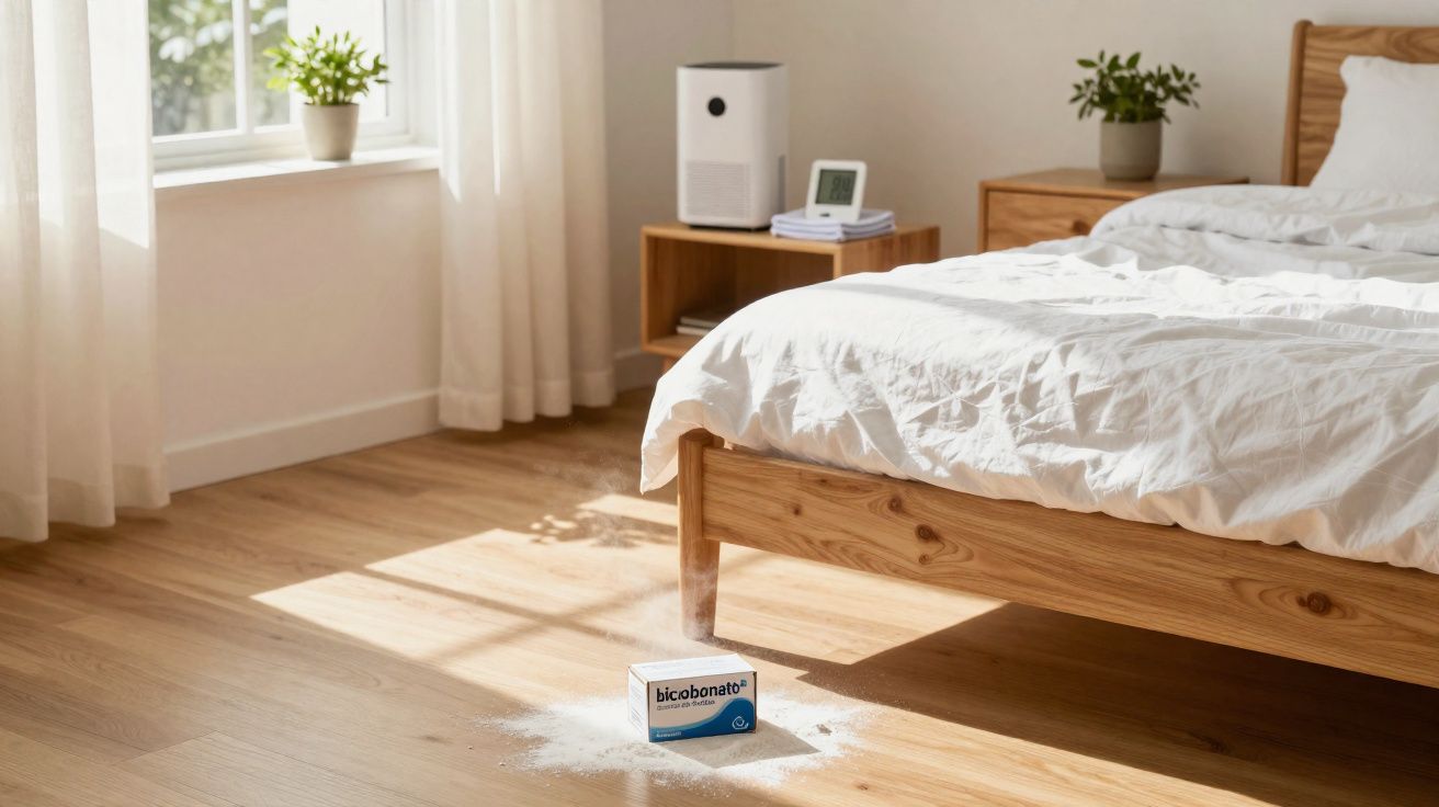 Caixa de bicobonato caída no chão de madeira em quarto iluminado com cama e plantas.