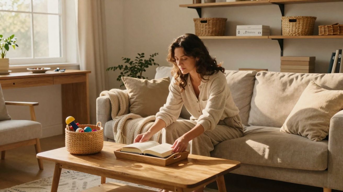 Mulher sentada no sofá a manusear um livro sobre a mesa de madeira na sala iluminada pela luz natural.