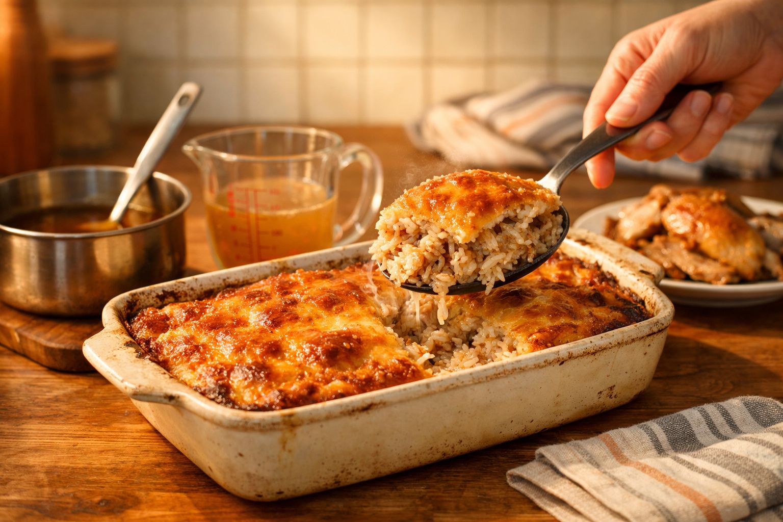 Mão a servir arroz de forno com crosta dourada numa travessa cerâmica num ambiente de cozinha rústica.