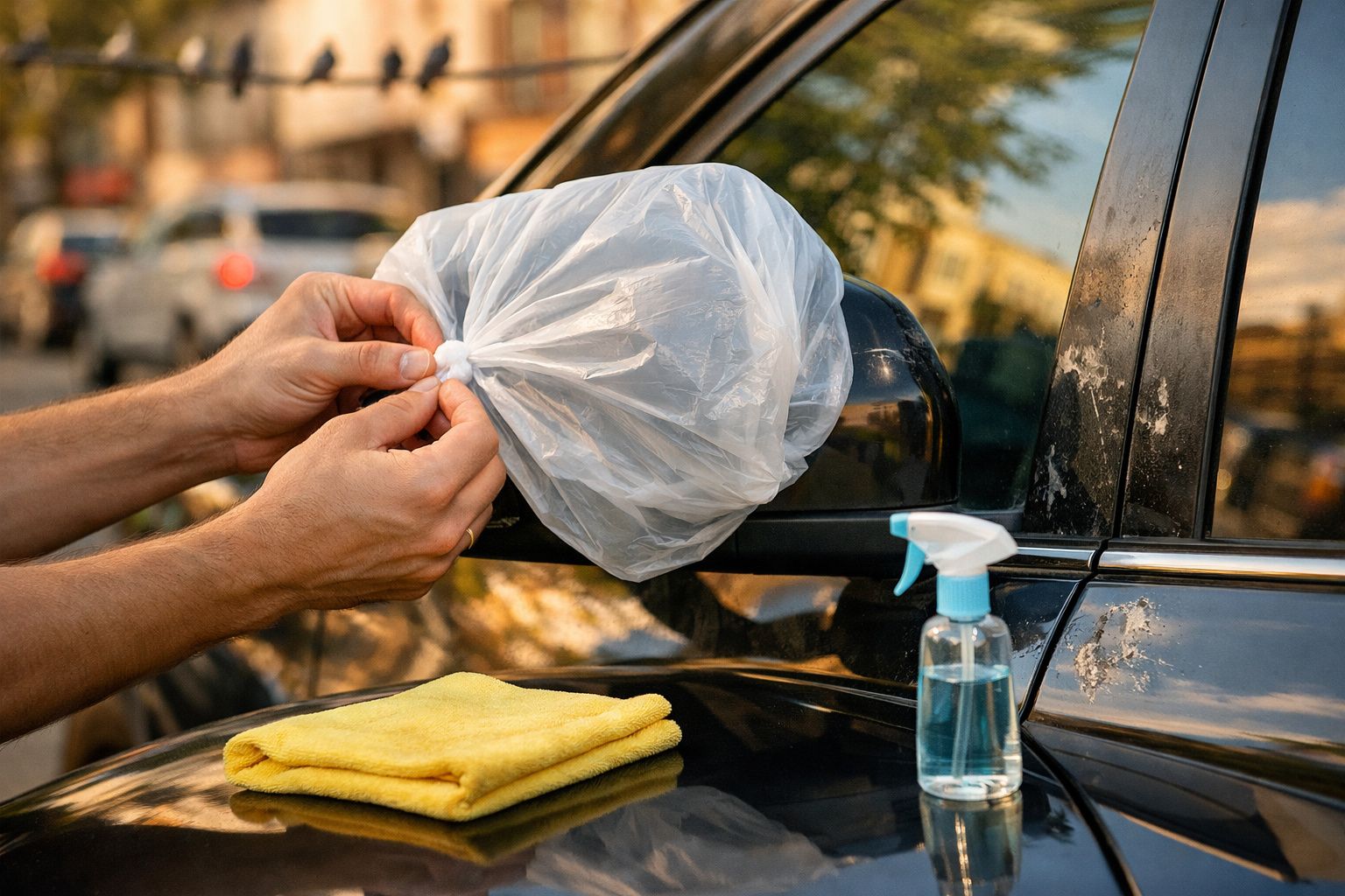 Mãos a proteger espelho retrovisor de carro com plástico, pano amarelo e frasco de spray no capô.