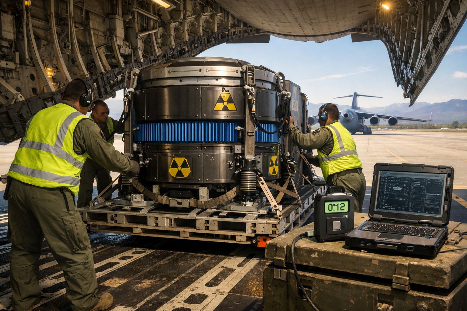 Militares a transportar equipamento nuclear num avião militar com sinais de radiação visíveis.