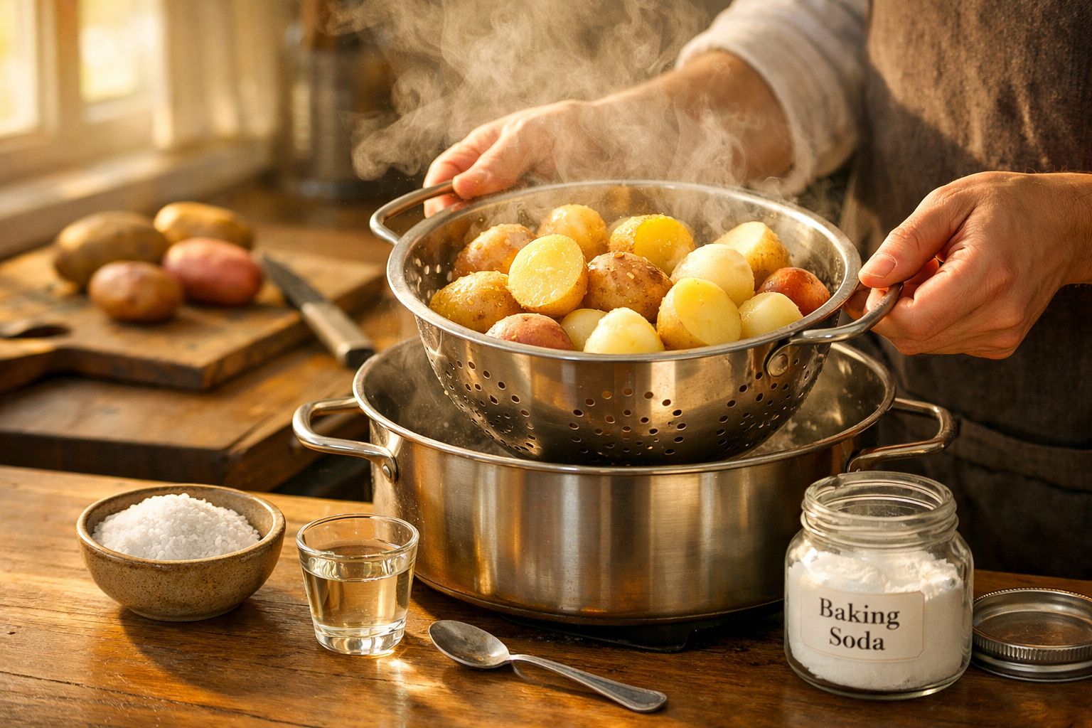 Mãos a coar batatas coloridas quentes e fumegantes numa peneira de inox sobre panela.