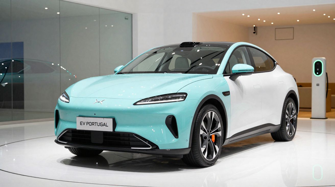 Carro elétrico azul claro e branco exposto em stand moderno com posto de carregamento ao fundo.